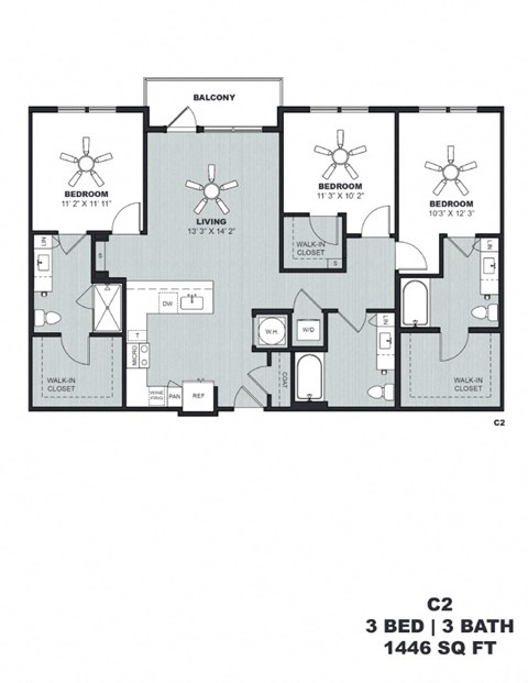 Floor plan for 3 beds, 2 baths, 1446 sqft